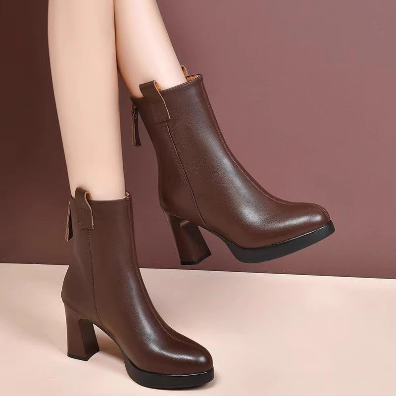 Bottines à talons hauts pour femmes en cuir souple et cuir véritable velours